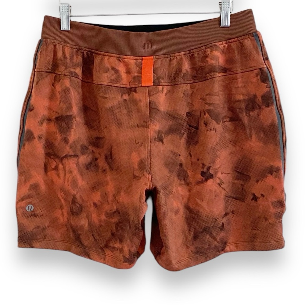 Lululemon Textured Tech Short 7" Diamond Dye Warm Coral Seared Grey Orange Large - Picture 8 of 11